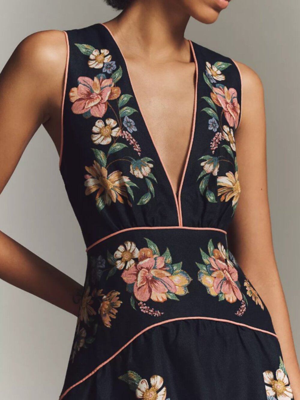 FARM Rio Maira Floral Linen Midi Dress Dark Blue V-Neck Sleeveless Size XS - Picture 4 of 10
